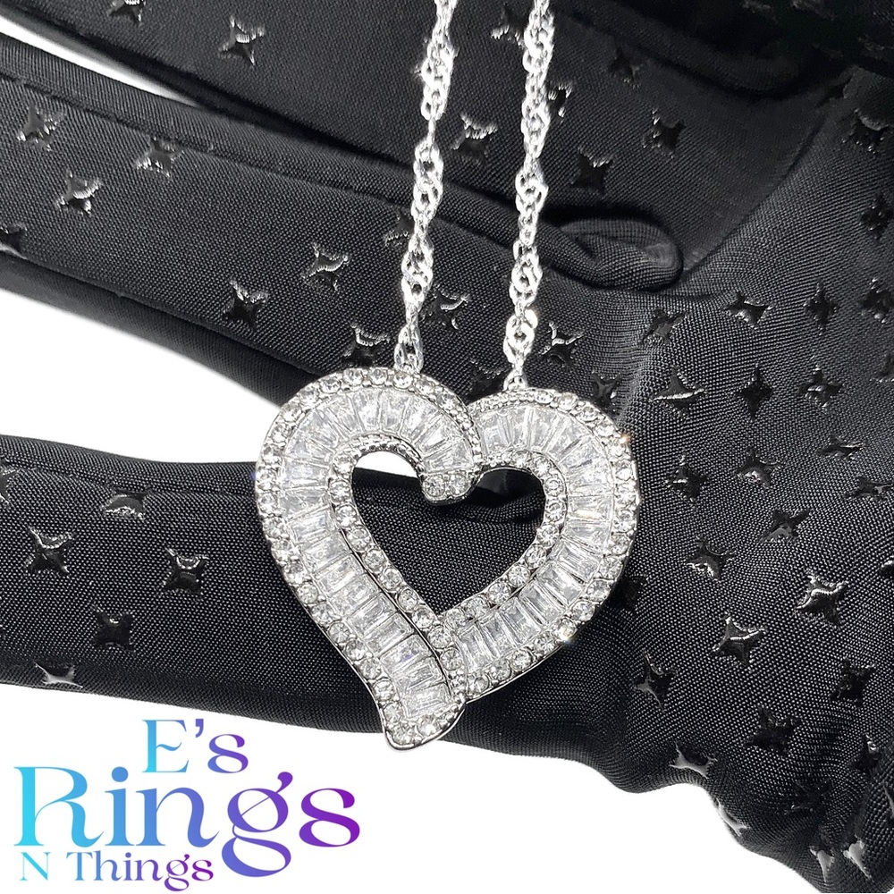 Lavish Simulated White Diamond Heart Shaped Baguette Necklace